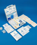 Open front view of white M2 BASICS Premium 321-Piece First Aid Kit with hard case and contents.