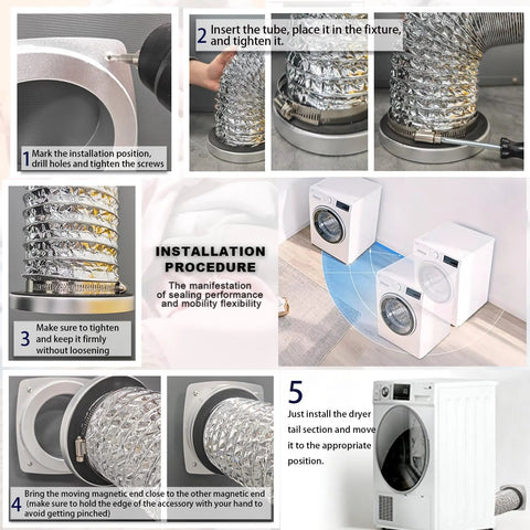 Upgrade Magnetic Dryer Vent Connector Kit; silver 3.1 ft 4-inch duct with two clamps, magnetic quick-connect