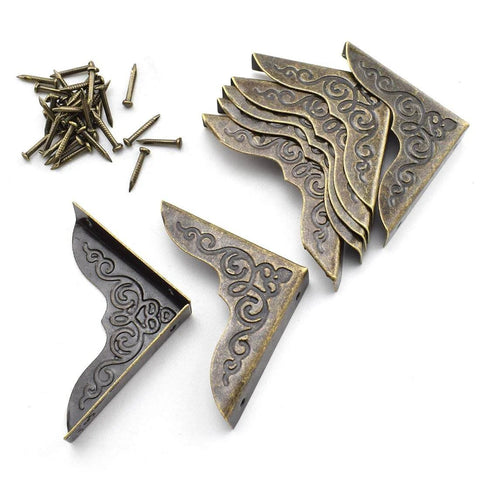 Antique Engraved Latch Hasp Hinges And Box Corner Protectors Hardware Kit, Vintage Bronze, corner protectors with screws