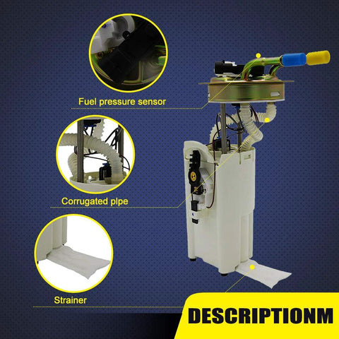 Fuel Pump Module Assembly Direct Fit OE Replacement For 2002 2003 Cadillac Escalade ESV And EXT, Chevy Avalanche 1500, Suburban 1500, And GMC Yukon XL 1500 In Tank Unit With Easy Install showing components including fuel pressure sensor, corrugated pipe, and strainer.