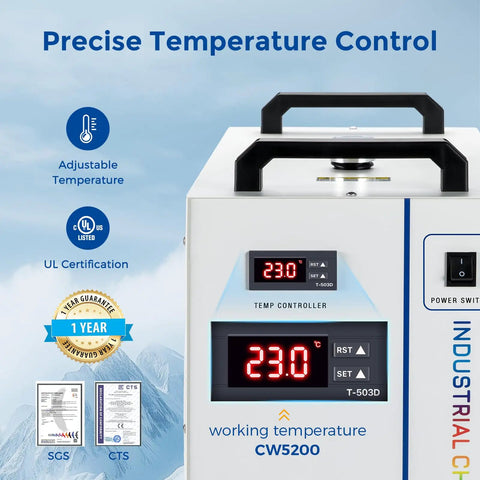 No Drama 6L Heavy Duty Water Chiller For CO2 Laser Cutters And Engraving Machines showing precise temperature control display.