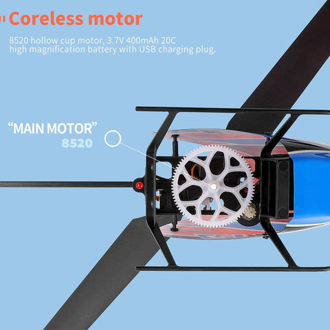 Close-up of 4 Channel RC Helicopter K127 with coreless motor and propellers, highlighting mechanical components, durable design.