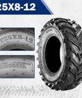 Set Of 2 25x8-12 ATV UTV Beefy Mud Trail Tires 6 Ply Tubeless For Off Road Adventures, with tread design close-up