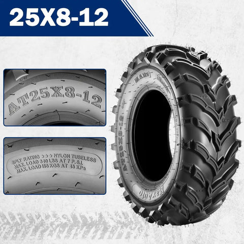 Set Of 2 25x8-12 ATV UTV Beefy Mud Trail Tires 6 Ply Tubeless For Off Road Adventures, with tread design close-up