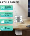Splash Resistant Pop Up Countertop Outlet With 15W Wireless Charger And Dual USB Ports For Instant Plug And Play Setup Three Grounded Ac Outlets No Sweat Home Kitchen Upgrade White on wooden desk