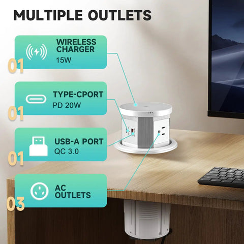 Splash Resistant Pop Up Countertop Outlet With 15W Wireless Charger And Dual USB Ports For Instant Plug And Play Setup Three Grounded Ac Outlets No Sweat Home Kitchen Upgrade White on wooden desk
