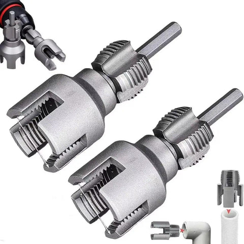 Dual Function PVC Pipe Threading Tool For Internal And External Threads, Fits Half Inch, Three Quarter Inch, And One Inch PVC Pipes, Electric Drill Compatible, Pro Grade Plumbing Threader Kit For Home Repairs, showing two threaders with drill attachments.
