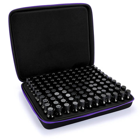 120 Bottle EVA Essential Oil Storage Case With Foam Insert Hard Shell Travel Organizer Bag open, showing bottle slots.