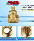 Front view of brass gate valve with red wheel handle, 3/4 in NPT, double female threads