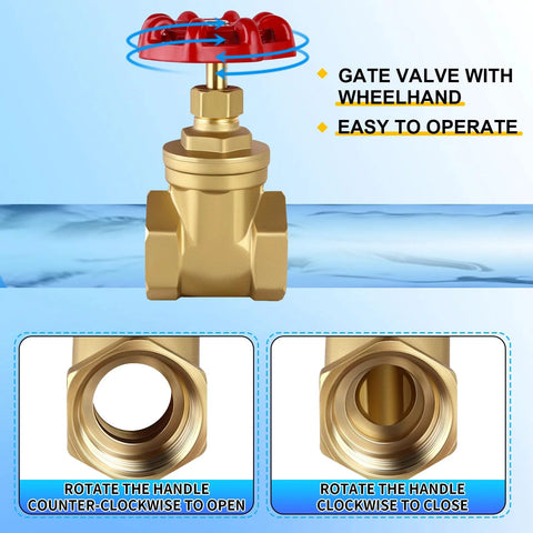 Front view of brass gate valve with red wheel handle, 3/4 in NPT, double female threads