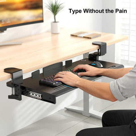 Under Desk Keyboard Tray With 60 Degree Swivel Clamp And Height Adjustment For Corner Desks, 25.6 By 11.8 Inch Slide Out Keyboard Mouse Platform For L Shaped Desks, Pull Out Keyboard Drawer To Level Up Your Setup in use at a desk