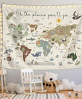 Boho Kids World Map Tapestry Wall Hanging For Classroom And Nursery Educational Geography Decor With Animal Continents Learn At A Glance 50 By 60 Inches Kid Friendly Vibe Cozy Learning Space on nursery wall
