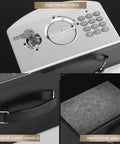 Rugged Portable Metal Safe Box With Digital Code Lock For Documents And Valuables Fire Resistant Safe For Car Home Office And Outdoor Use Large Black Security Box showing electronic keypad lock, carry handle, and protective interior.