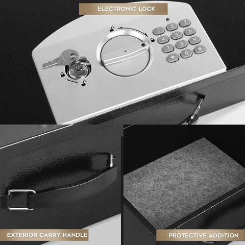 Rugged Portable Metal Safe Box With Digital Code Lock For Documents And Valuables Fire Resistant Safe For Car Home Office And Outdoor Use Large Black Security Box showing electronic keypad lock, carry handle, and protective interior.