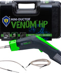 Mini-Ductor Venom HP handheld induction heater with green accents, three coils, and carrying case