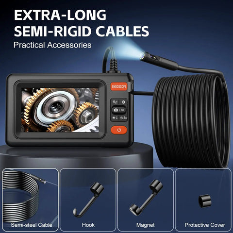 1920P HD Dual Lens Borescope Camera With Light and 4.3 Inch LCD Screen, semi-rigid cable, showing gears on display