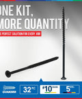 Heavy Duty 5 Inch Drywall Screws Featuring Black Phosphate Coating And Coarse Threads For A No Fuss Install And Smooth Driving On Wood Or Sheetrock Tough As Nails Steel Build 32 Pack Box with various angles of screws.