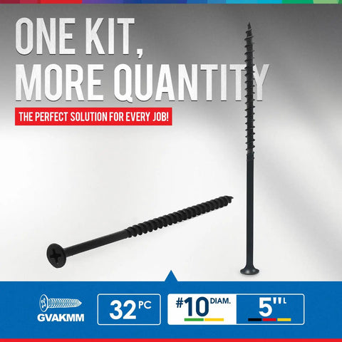 Heavy Duty 5 Inch Drywall Screws Featuring Black Phosphate Coating And Coarse Threads For A No Fuss Install And Smooth Driving On Wood Or Sheetrock Tough As Nails Steel Build 32 Pack Box with various angles of screws.