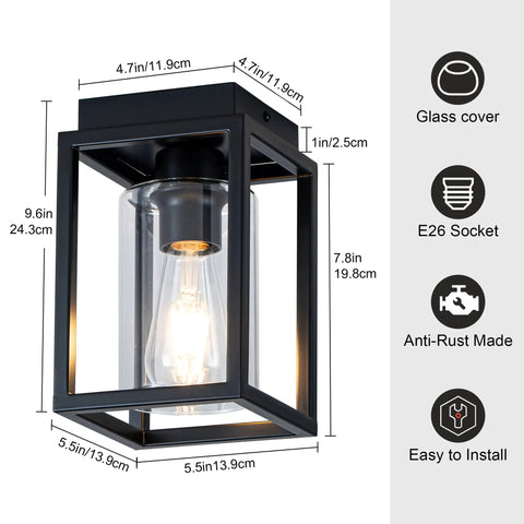 Flush Mount Ceiling Light Fixture With Clear Glass Shade In A Farmhouse Black Metal Frame, Hardwired E26 Ceramic Base 60W Max