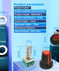 20 Pack 10K Ohm 3 Pin Linear Rotary Potentiometers With Knurled Knobs Top Adjustment Tinker Friendly For Breadboard Prototyping Analog Circuits And Small Electronics Projects RK097N3, with size and dimensions labeled.