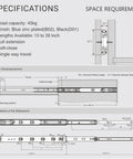 Specifications diagram for Heavy Duty 18 Inch Soft Close Side Mount Drawer Slides with installation dimensions and screw positions.