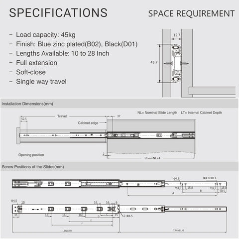 Specifications diagram for Heavy Duty 18 Inch Soft Close Side Mount Drawer Slides with installation dimensions and screw positions.