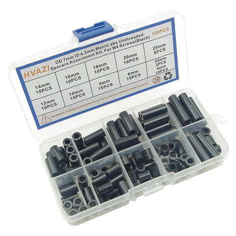 Black ABS Round Spacers Kit For M4 Screws, Unthreaded Standoffs, Metric 7Mm OD By 4.2Mm ID, 10 Size Range From 4Mm To 25Mm, 120 Pieces