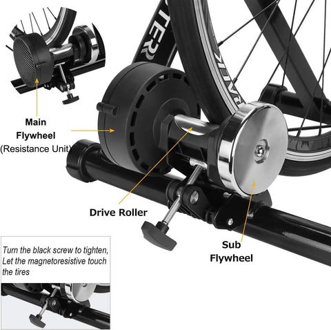 Close-up of All Weather Indoor Bike Trainer Stand with Magnetic Resistance showing flywheels and drive roller