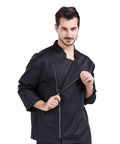 Professional Black Long Sleeve Chef Jacket With Rugged Zipper Closure And Ultra Breathable Kitchen Cook Uniform Engineered For The Daily Hustle Featuring Soft Comfy Fabric And Smart Pockets, model showcasing zipper.