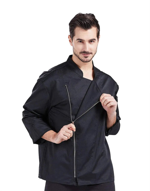 Professional Black Long Sleeve Chef Jacket With Rugged Zipper Closure And Ultra Breathable Kitchen Cook Uniform Engineered For The Daily Hustle Featuring Soft Comfy Fabric And Smart Pockets, model showcasing zipper.