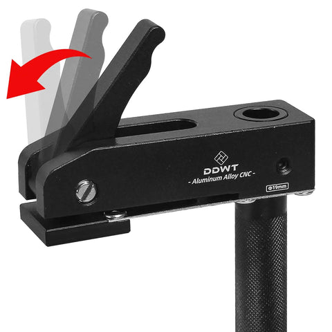 Lengthened Three Quarters Inch Dog Hole Hold Down Clamps Set Aluminum Alloy Bench Dog Clamps black showing clamp mechanism