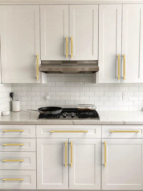 10 Pack Brushed Gold Knurled Cabinet Pulls 5 Inch 128mm Installed on White Kitchen Cabinets for a Sleek Finish