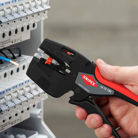 NexStrip Multi Tool for Electricians With Non Slip Plastic Grips Precise Wire Stripping And Square Crimping For Ferrules in use