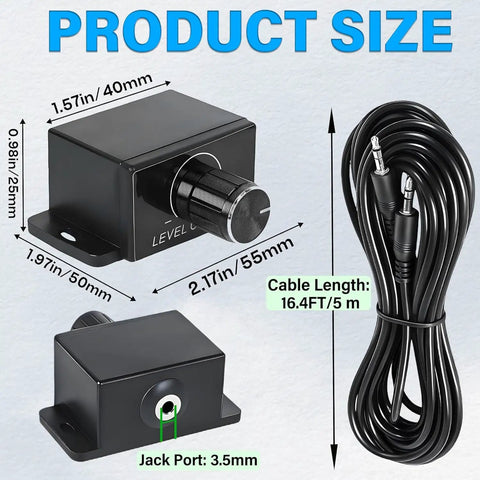 Universal 3.5mm Remote Bass Control Knob For Car Amplifier With 16 Ft Cable And Mounting Screws detail with size dimensions.