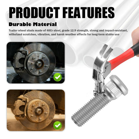 Six Pack Trailer Wheel Studs 1/2 20 UNF 2.11 Inch Long Heavy Duty Lug Bolts next to wheel and hammer illustration