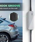 Level 1 EV Charger With 15A 110V NEMA 5 15 Plug Portable 20 Foot Cable mounted on wall with electric car nearby