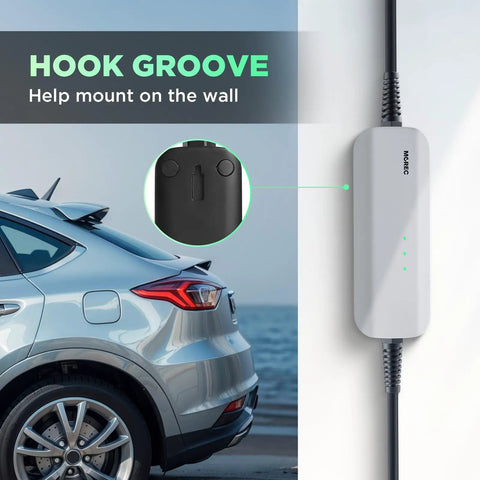 Level 1 EV Charger With 15A 110V NEMA 5 15 Plug Portable 20 Foot Cable mounted on wall with electric car nearby