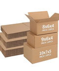 Assorted Shipping Boxes 30 Pack Value Pack With 10 Of Each Size 10x7x5, 9x6x4, And 8x6x4, stacks of brown corrugated cardboard mailers