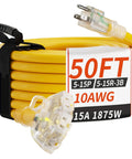 Heavy Duty Outdoor Extension Cord 50 Ft 10 Gauge With Three Outlets Light Indicator Weatherproof Waterproof Yellow 15A 1875W ETL Listed Tough As Nails Outdoor Power Cord For All Weather Use