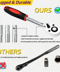 Comparison of our durable ratchet wrench with sockets to fragile others; part of Beefy 108 Piece Mechanics Tool Set With Metric And Standard Sockets One Quarter Inch And One Half Inch Ratchet Set Universal Joint Extension Bars Quick Release Reversible Ratchet Wrench And Plastic Toolbox Storage.