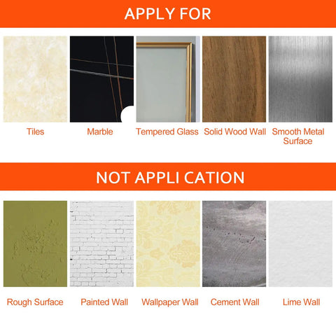 Surfaces suitable and unsuitable for adhesive towel hooks, including tiles, marble, tempered glass, wood, metal, and various wall types.