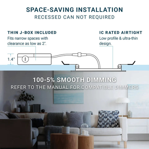Diagram showing Six Pack Ultra Thin 6 Inch LED Recessed Ceiling Light With Junction Box, highlighting thin design and smooth dimming.