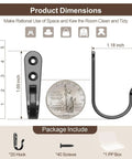 Dimensions of 20 Pack Black Metal Wall Hooks for Bathroom and Garage Beefy Heavy Duty Hangers with screws and packaging included.