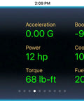 Configurable Auto On Off Bluetooth Low Energy OBD II Car Diagnostic Tool showing dashboard metrics like speed and engine load.