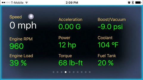 Configurable Auto On Off Bluetooth Low Energy OBD II Car Diagnostic Tool showing dashboard metrics like speed and engine load.