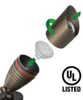 Exploded view of Beefy Solid Brass Landscape Spotlight With 5W MR16 LED Bulb, highlighting die cast brass housing and glare guard.