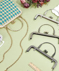 4 Colors Purse Clasp Frame With Handle Five Point Nine Inch Metal Kiss Lock Clasp Bag Clutch Frames shown with crochet supplies