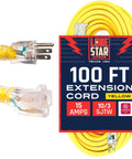 Heavy Duty 10 Gauge Weatherproof Outdoor Extension Cord 100 Ft High Visibility Yellow Contractor Grade For Indoor Outdoor Use OSHA Compliant Flexible In Cold Weather Power Tools Appliances And More packaging with clear plug ends