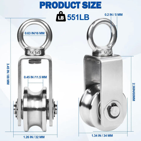 Stainless Steel Cable Pulley Wheel 4 Pack M34 Single Pulley Block Snatch Block Beefy Heavy Duty Lifting Crane Swivel Hook Bearing Inside Rope Pulleys For Lifting Systems Gym Equipment Clothesline 551 Lb Load, front and side views with measurements