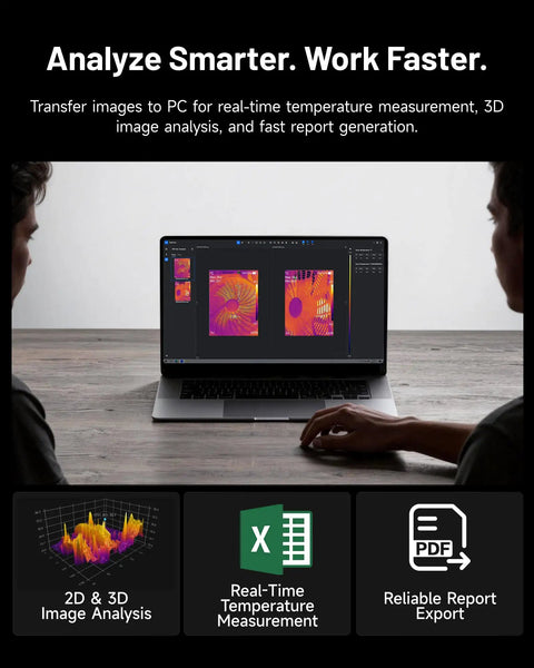 Two people analyze thermal images on a laptop for PC analysis with Thermal Imaging Handheld Camera For Pros With 256 By 192 Infrared Resolution